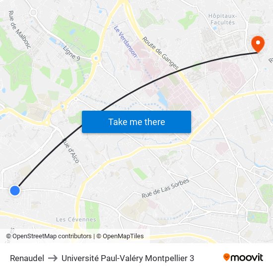 Renaudel to Université Paul-Valéry Montpellier 3 map