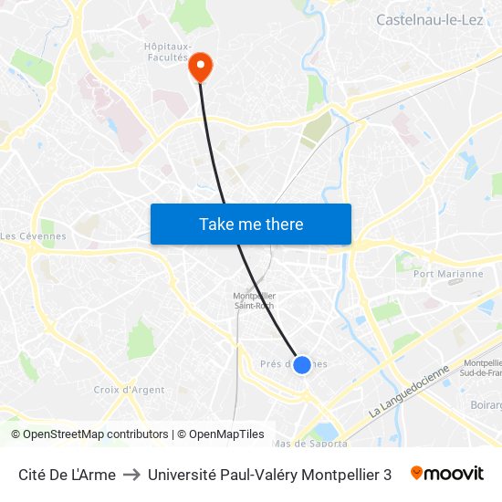 Cité De L'Arme to Université Paul-Valéry Montpellier 3 map