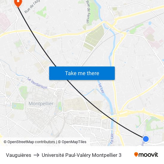 Vauguières to Université Paul-Valéry Montpellier 3 map