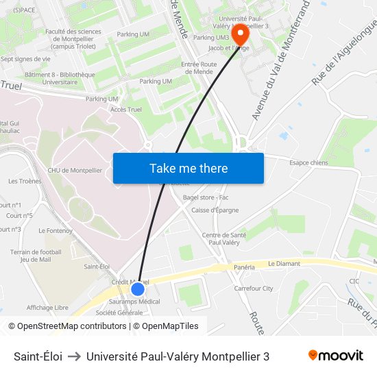 Saint-Éloi to Université Paul-Valéry Montpellier 3 map