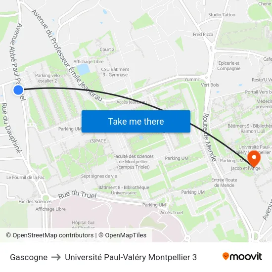 Gascogne to Université Paul-Valéry Montpellier 3 map