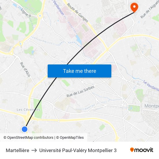 Martellière to Université Paul-Valéry Montpellier 3 map