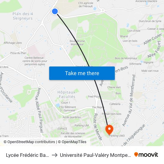 Lycée Frédéric Bazille to Université Paul-Valéry Montpellier 3 map