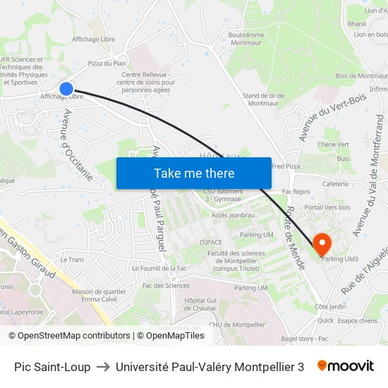 Pic Saint-Loup to Université Paul-Valéry Montpellier 3 map