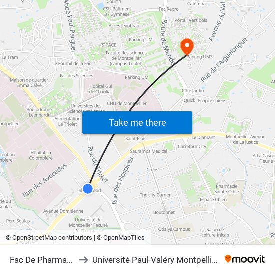 Fac De Pharmacie to Université Paul-Valéry Montpellier 3 map