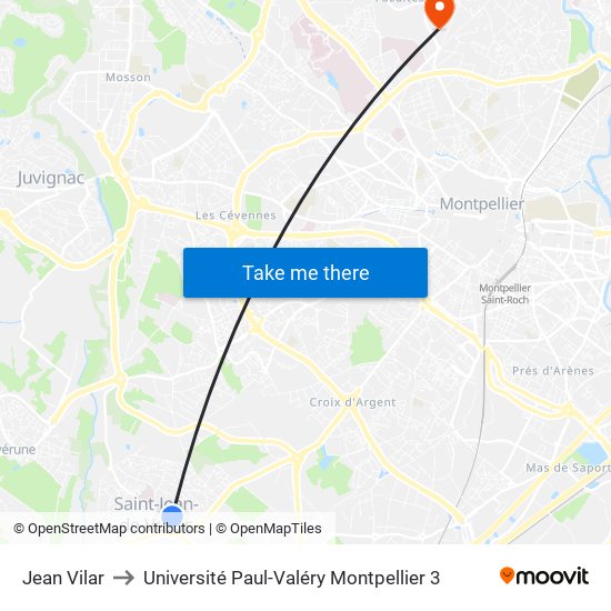 Jean Vilar to Université Paul-Valéry Montpellier 3 map