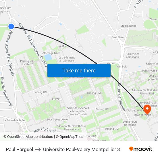 Paul Parguel to Université Paul-Valéry Montpellier 3 map