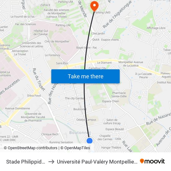 Stade Philippidès to Université Paul-Valéry Montpellier 3 map