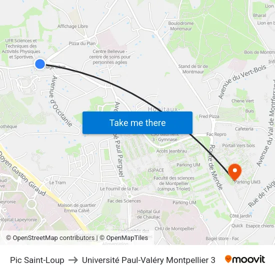 Pic Saint-Loup to Université Paul-Valéry Montpellier 3 map
