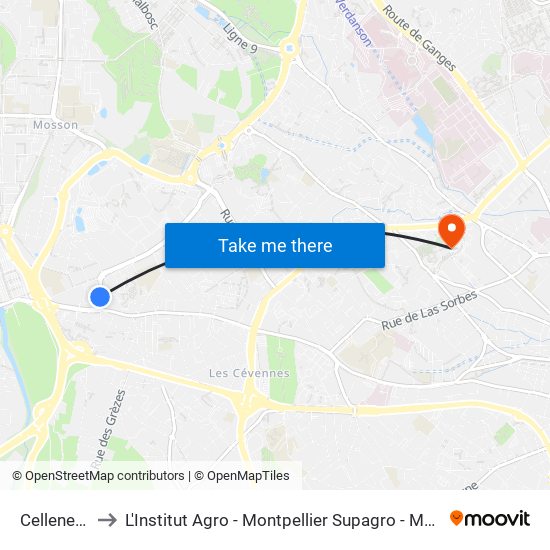 Celleneuve to L'Institut Agro - Montpellier Supagro - Montpellier map