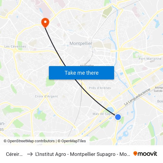 Céreirède to L'Institut Agro - Montpellier Supagro - Montpellier map