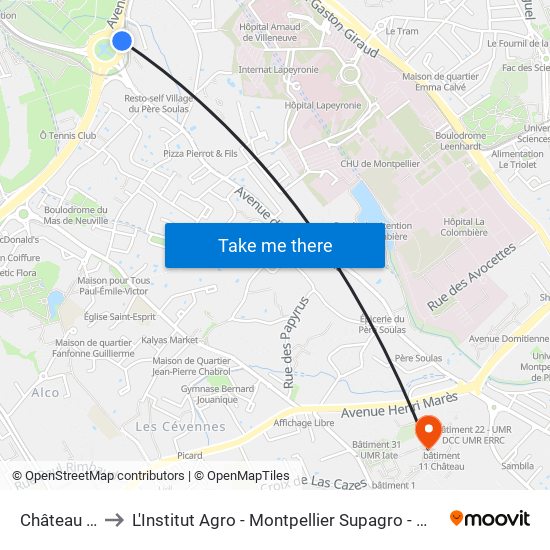 Château D'Ô to L'Institut Agro - Montpellier Supagro - Montpellier map