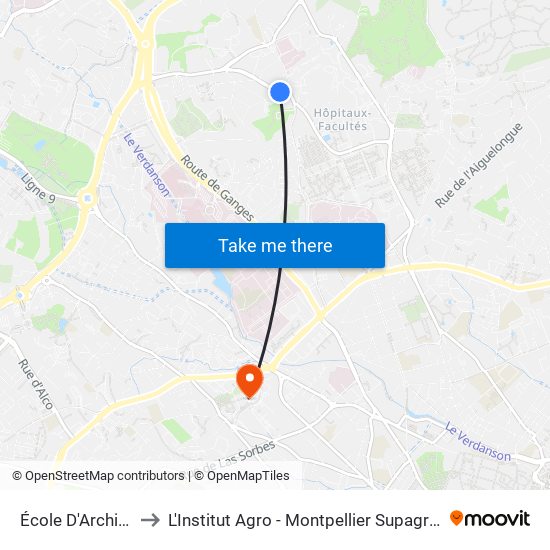 École D'Architecture to L'Institut Agro - Montpellier Supagro - Montpellier map