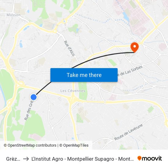 Grèzes to L'Institut Agro - Montpellier Supagro - Montpellier map