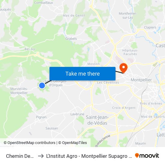 Chemin Des Pins to L'Institut Agro - Montpellier Supagro - Montpellier map