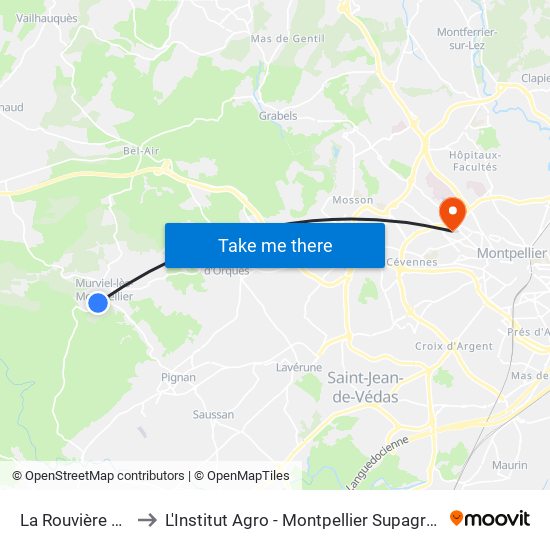 La Rouvière Longue to L'Institut Agro - Montpellier Supagro - Montpellier map