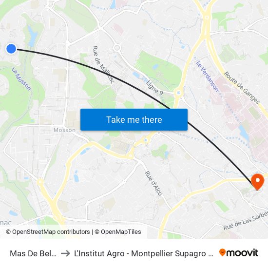 Mas De Bellevue to L'Institut Agro - Montpellier Supagro - Montpellier map