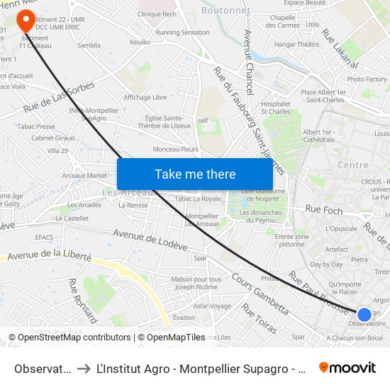 Observatoire to L'Institut Agro - Montpellier Supagro - Montpellier map