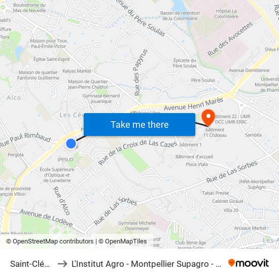 Saint-Clément to L'Institut Agro - Montpellier Supagro - Montpellier map
