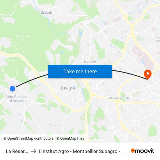 Le Réservoir to L'Institut Agro - Montpellier Supagro - Montpellier map