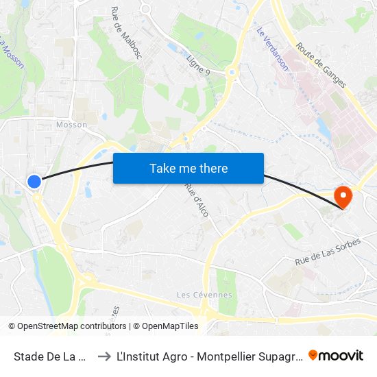 Stade De La Mosson to L'Institut Agro - Montpellier Supagro - Montpellier map