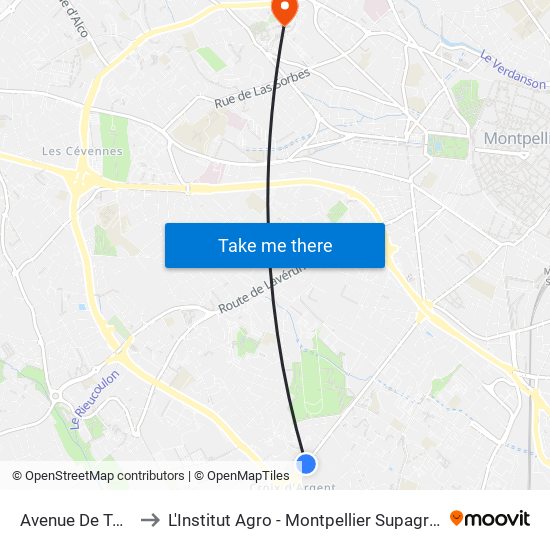 Avenue De Toulouse to L'Institut Agro - Montpellier Supagro - Montpellier map