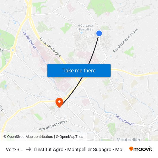 Vert-Bois to L'Institut Agro - Montpellier Supagro - Montpellier map