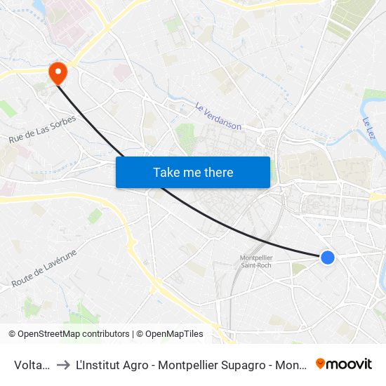 Voltaire to L'Institut Agro - Montpellier Supagro - Montpellier map