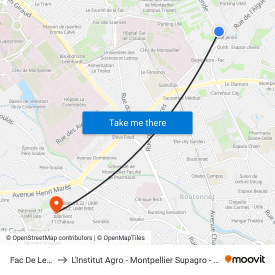 Fac De Lettres to L'Institut Agro - Montpellier Supagro - Montpellier map