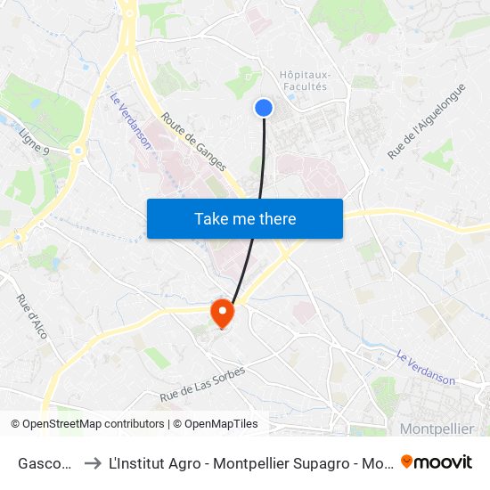 Gascogne to L'Institut Agro - Montpellier Supagro - Montpellier map