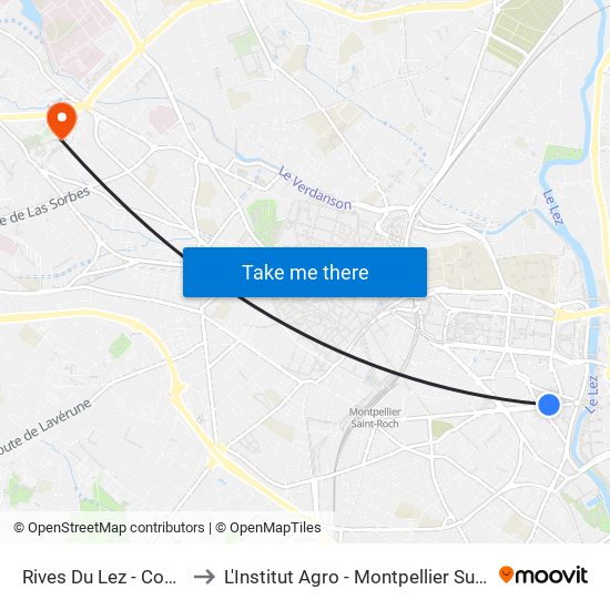 Rives Du Lez - Consuls De Mer to L'Institut Agro - Montpellier Supagro - Montpellier map