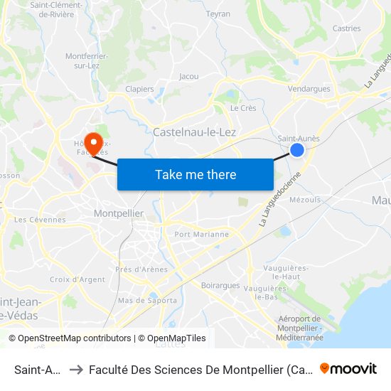 Saint-Aunès to Faculté Des Sciences De Montpellier (Campus Triolet) map