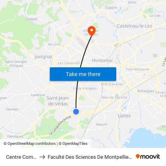 Centre Commercial to Faculté Des Sciences De Montpellier (Campus Triolet) map