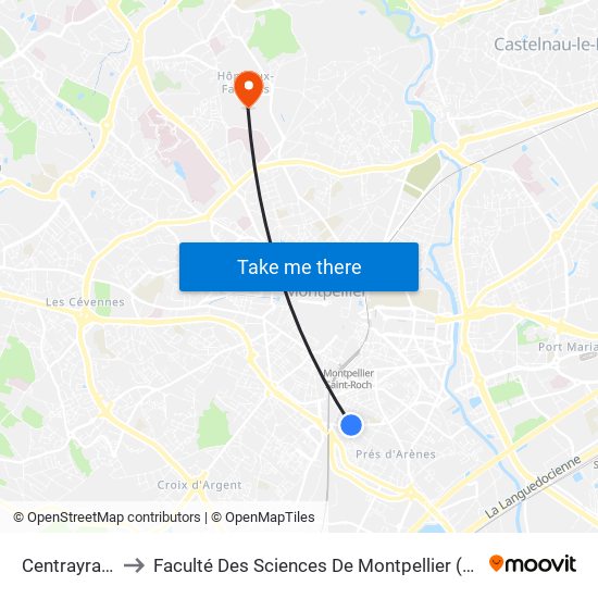 Centrayrargues to Faculté Des Sciences De Montpellier (Campus Triolet) map