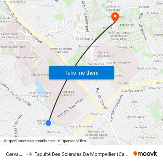 Cervantès to Faculté Des Sciences De Montpellier (Campus Triolet) map