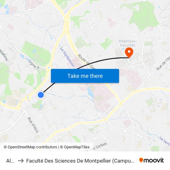 Alco to Faculté Des Sciences De Montpellier (Campus Triolet) map