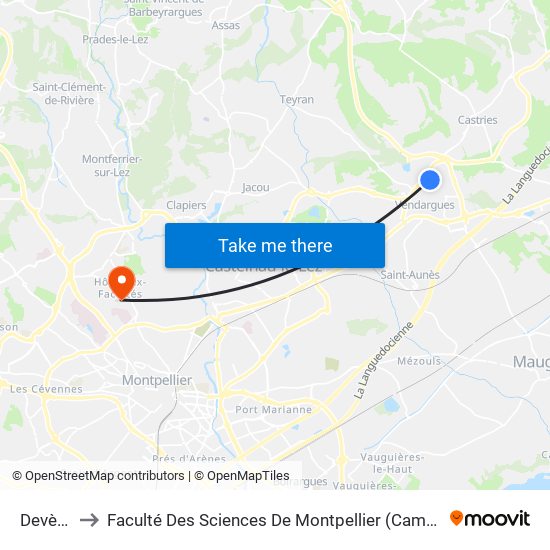 Devèzes to Faculté Des Sciences De Montpellier (Campus Triolet) map