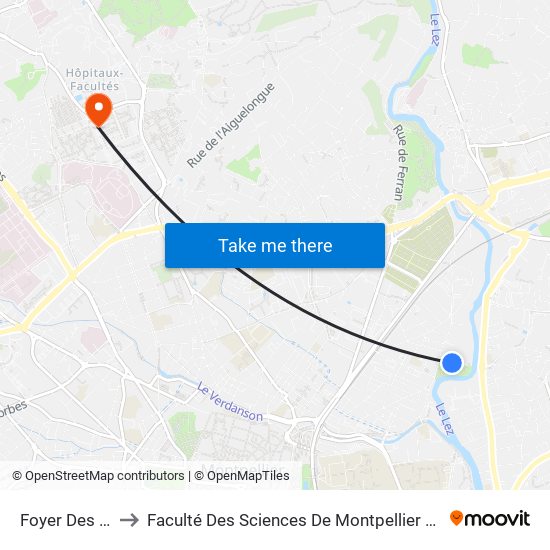 Foyer Des Aubes to Faculté Des Sciences De Montpellier (Campus Triolet) map