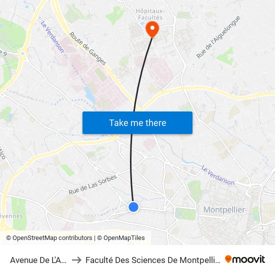 Avenue De L'Agriculture to Faculté Des Sciences De Montpellier (Campus Triolet) map