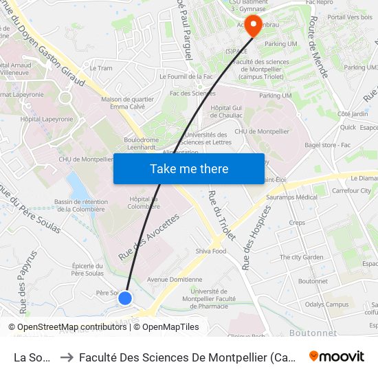 La Source to Faculté Des Sciences De Montpellier (Campus Triolet) map