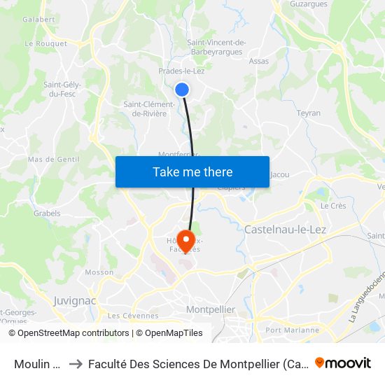 Moulin Neuf to Faculté Des Sciences De Montpellier (Campus Triolet) map