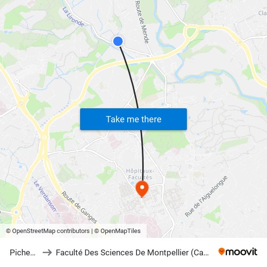 Picheyrou to Faculté Des Sciences De Montpellier (Campus Triolet) map
