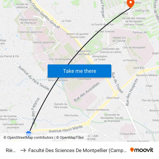 Rièges to Faculté Des Sciences De Montpellier (Campus Triolet) map