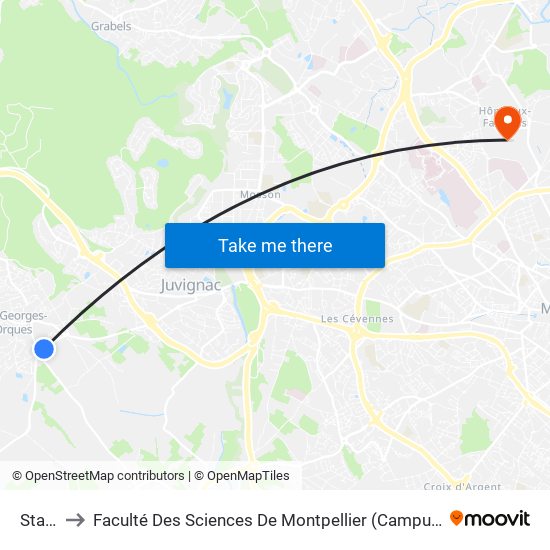 Stade to Faculté Des Sciences De Montpellier (Campus Triolet) map