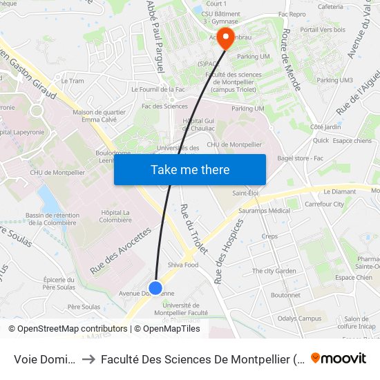 Voie Domitienne to Faculté Des Sciences De Montpellier (Campus Triolet) map