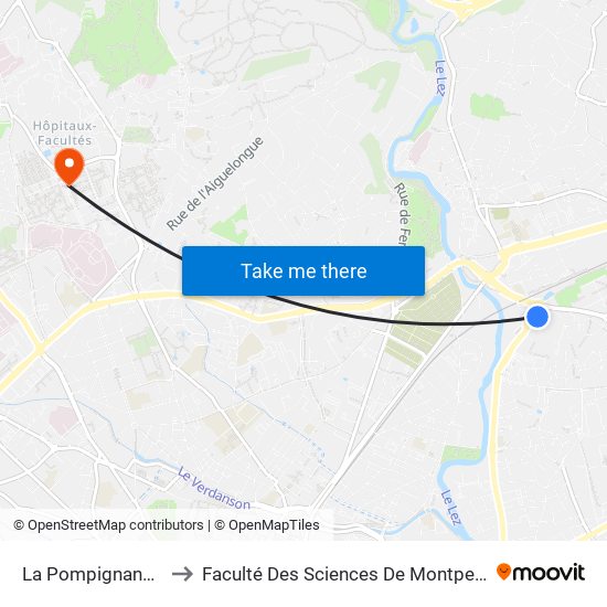 La Pompignane (Les Lacs) to Faculté Des Sciences De Montpellier (Campus Triolet) map