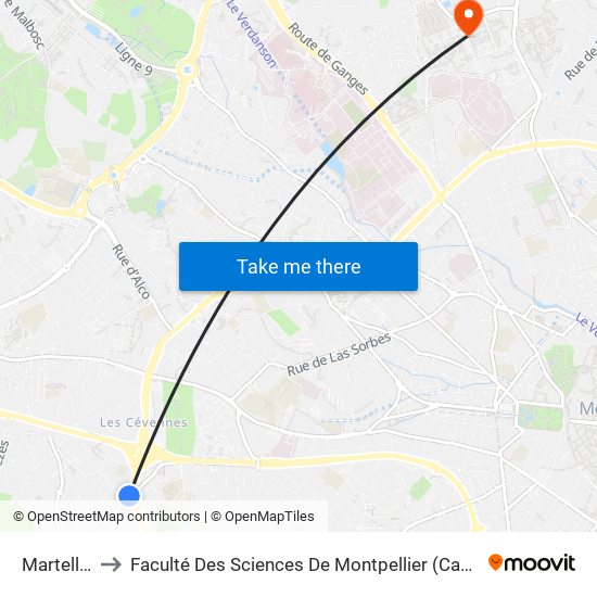 Martellière to Faculté Des Sciences De Montpellier (Campus Triolet) map