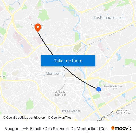 Vauguières to Faculté Des Sciences De Montpellier (Campus Triolet) map