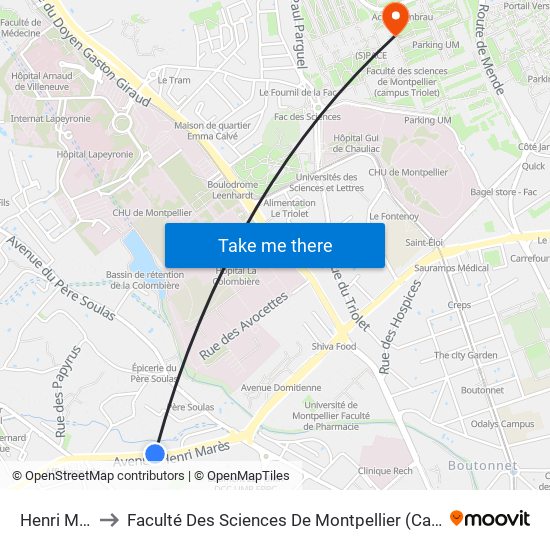 Henri Marès to Faculté Des Sciences De Montpellier (Campus Triolet) map