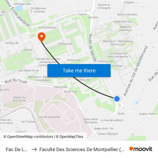 Fac De Lettres to Faculté Des Sciences De Montpellier (Campus Triolet) map